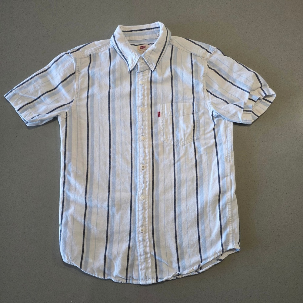 Levis Mens Standard Fit Short Sleeve Button Down Striped Shirt Blue White‎ S